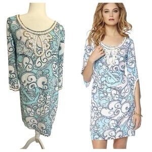 👗 Lilly Pulitzer Sarah Beaded Tunic Dress Spa Blue “Shape Up or Ship Out” Size S